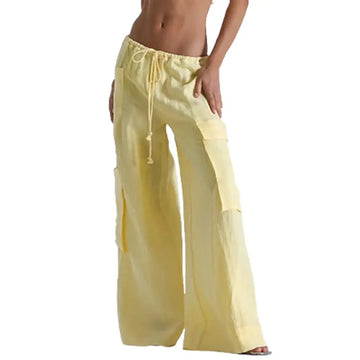 MQTIME  -  Women's Y2K Cargo Long Pants Solid Color Drawstring Elastic Low Waist Wide Leg Trousers with Multi Pockets Streetwear